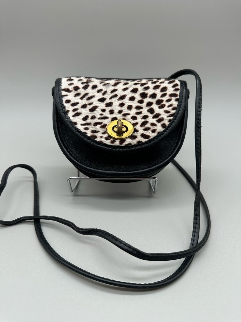 M. London Black Leather Turnlock Crossbody Saddle Bag with Leopard Print Flap